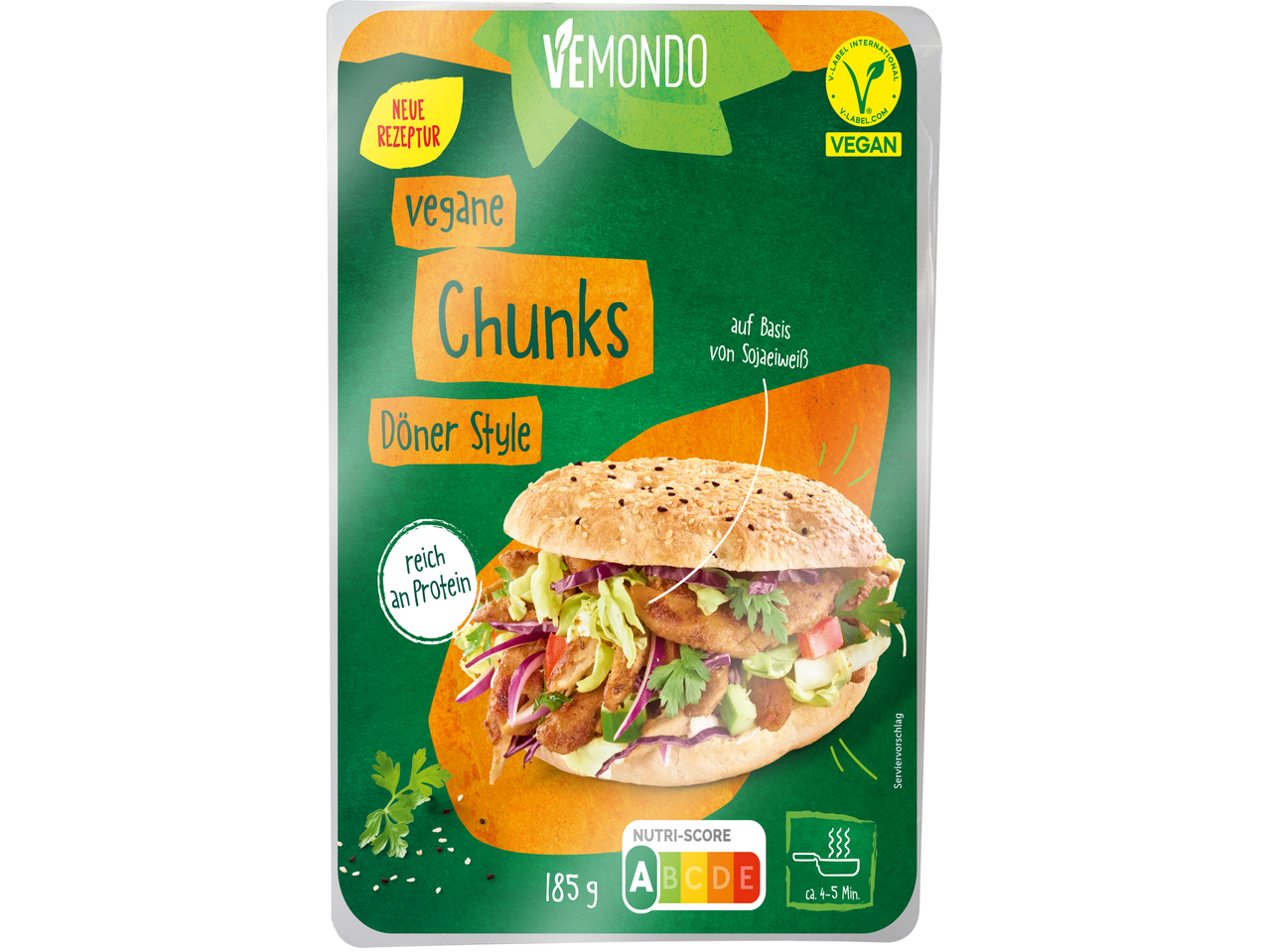 VEMUNDO vegane Chunks im Döner-Stil, soja-basiert, proteinreich.