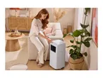 Woman adjusting a portable air conditioner in a cozy living room with natural decor.
