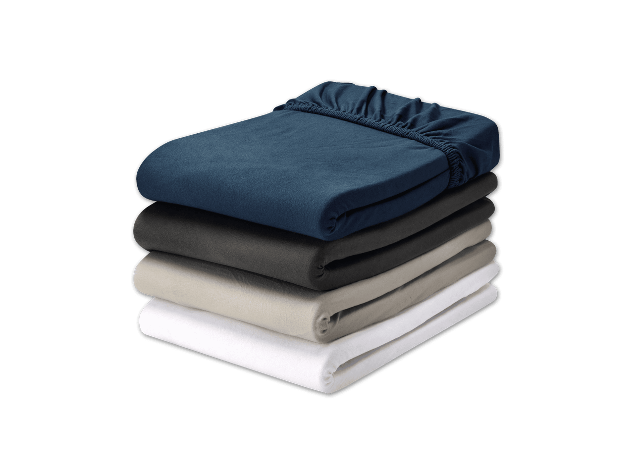 Stapel farbiger Spannbettlaken in Blau, Grau, Beige und Weiß