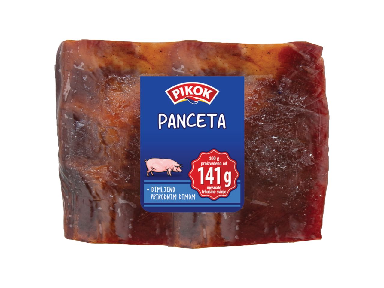 Pikok Panceta, dimljena prirodnim dimom, sa oznakom da je 100g proizvoda napravljeno od 141g svinjske trbušine.