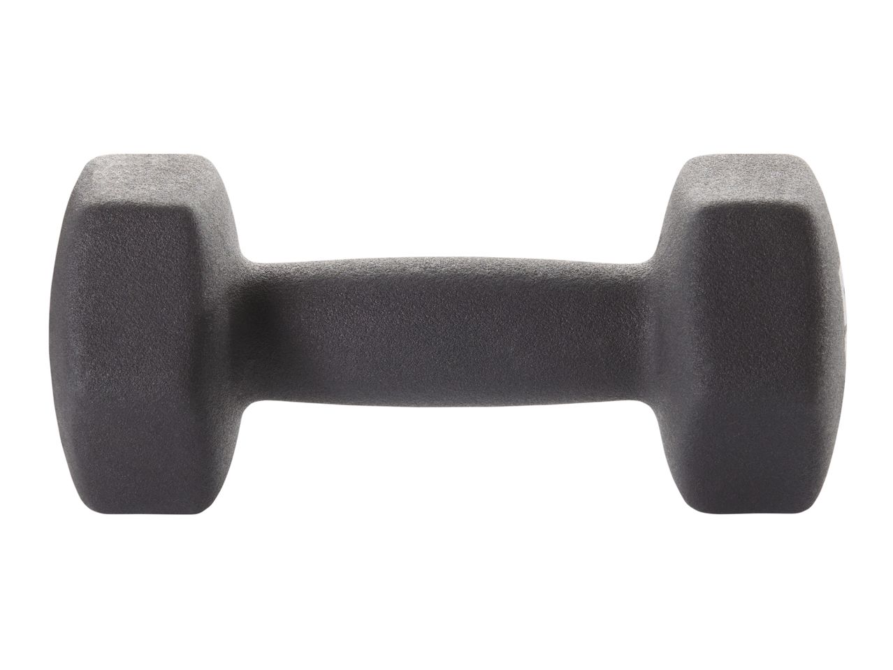 A single black dumbbell with a textured surface, isolated on a white background.