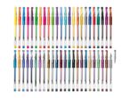 A vibrant collection of gel pens in various colors, including glitter and metallic finishes.