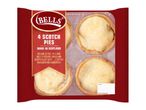 Four Scotch pies in clear packaging, with text describing them as a Scottish favourite.