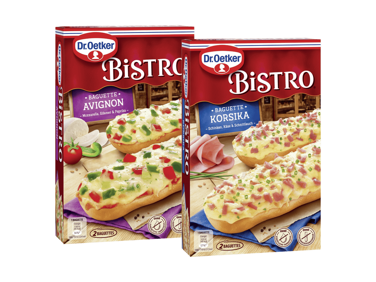 Zwei Dr. Oetker Bistro Baguettes: Avignon mit Mozzarella, Edamer & Paprika und Korsika mit Schinken, Käse & Schnittlauch.