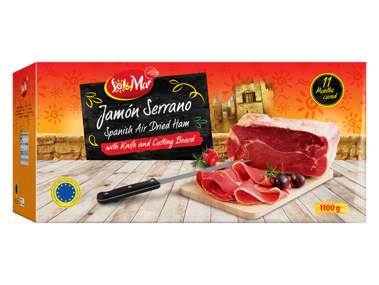 Sol y Mar Jamón Serrano: Spanish air-dried ham with knife and cutting board.