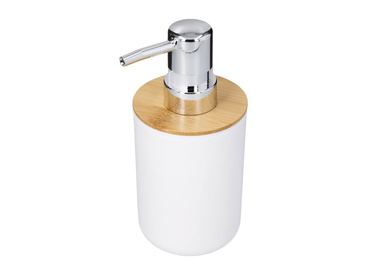 White soap dispenser with a bamboo top and chrome pump