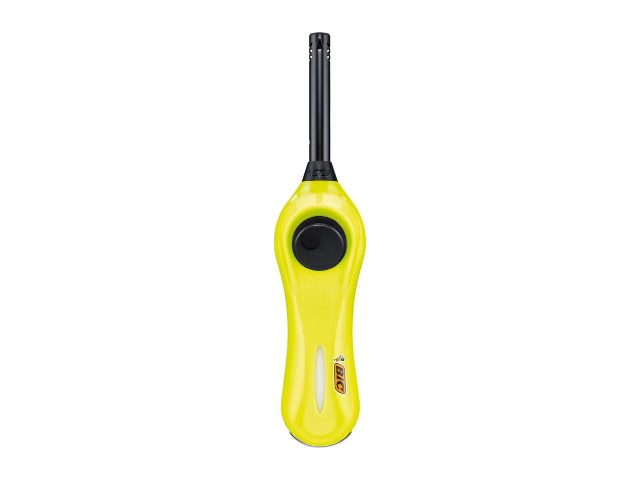 Yellow long-reach utility lighter with a black igniter button and nozzle.