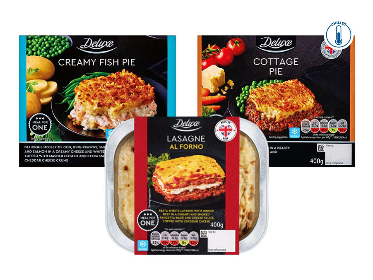 Three ready meals: Creamy Fish Pie, Cottage Pie, and Lasagne Al Forno, all single-serving.