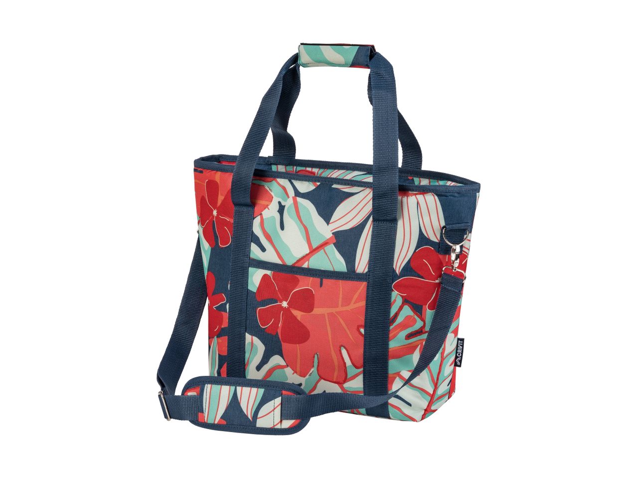 Floral patterned cooler bag with red and blue tropical leaves, featuring a shoulder strap and handles.