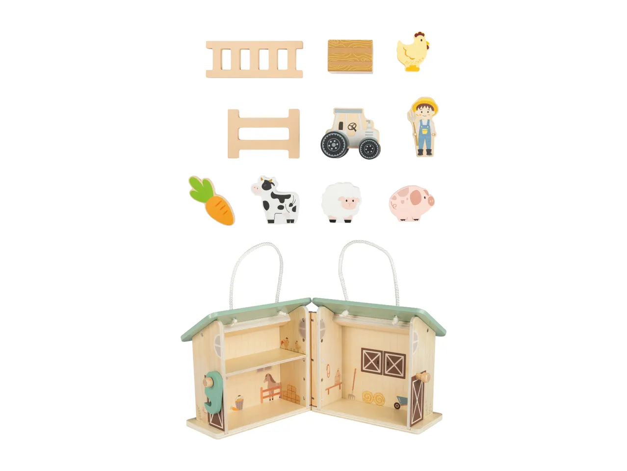 Wooden farm playset with barn, farmer, tractor, and various farm animals and accessories.