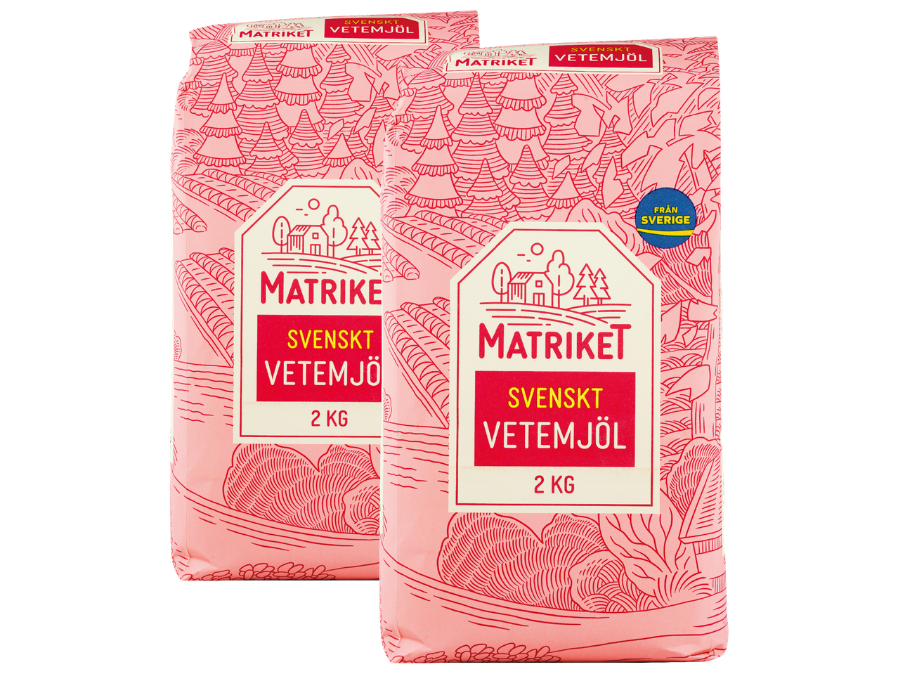 Två rosa förpackningar med Matriket Svenskt Vetemjöl, 2 kg, med en lantlig design.