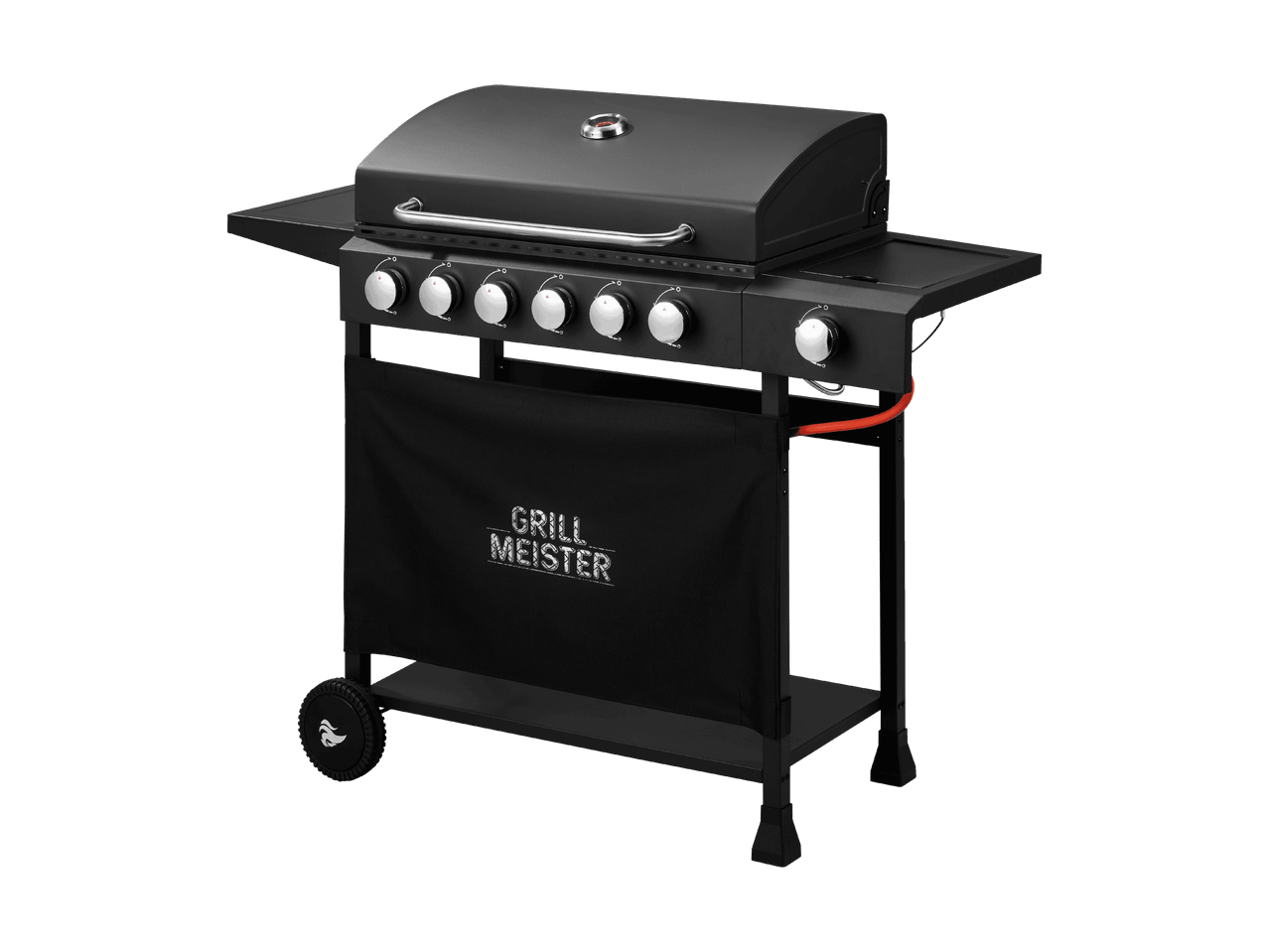 Barbecue à gaz noir avec six brûleurs, un thermomètre intégré et un rangement en tissu.