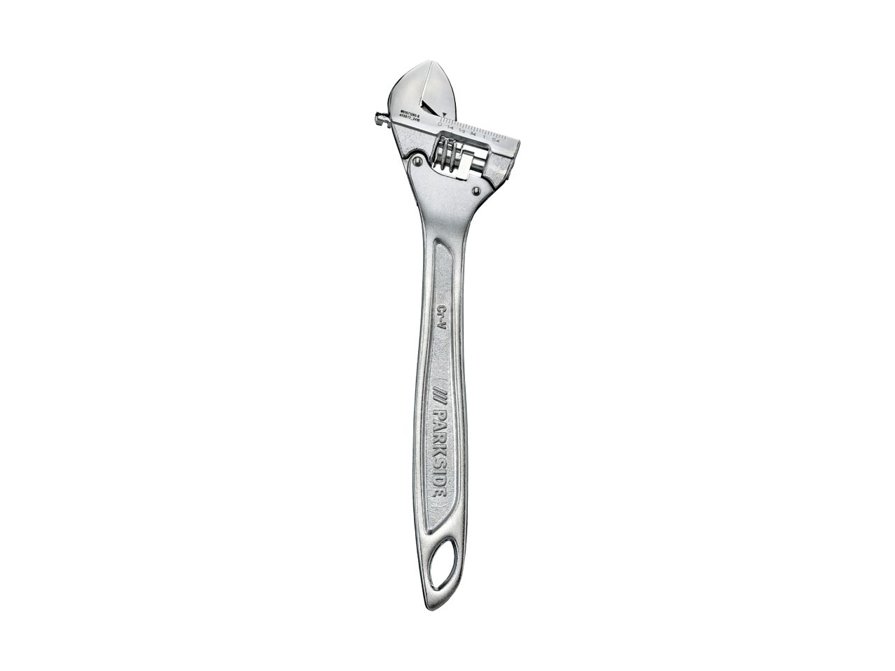 A silver adjustable wrench with a long handle.