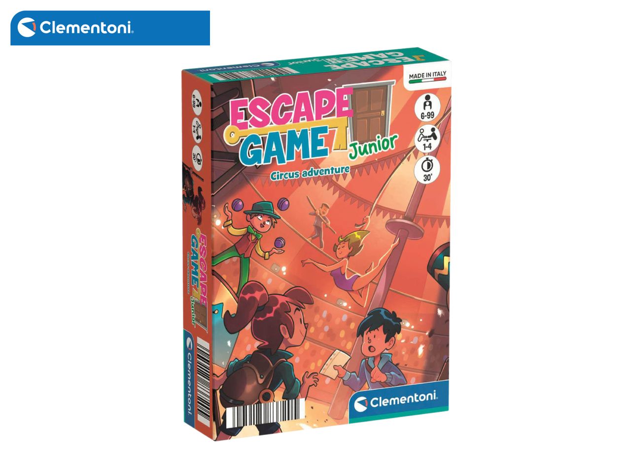 Escape Game Junior board game, Circus Adventure edition, for ages 6-99, 1-4 players, 30 minutes.