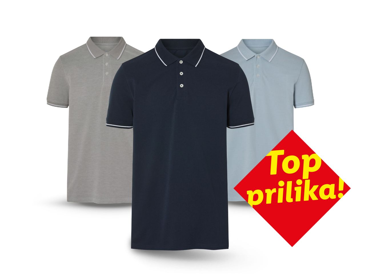 Tri muške polo majice u sivoj, tamnoplavoj i svijetloplavoj boji s natpisom 'Top prilika!'.