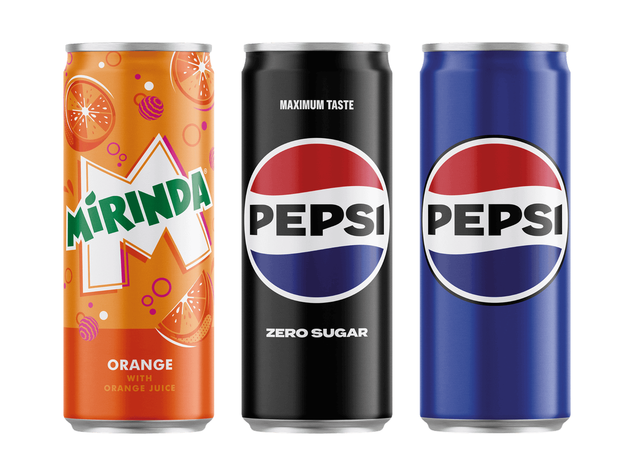 Drei Getränkedosen: Mirinda Orange, Pepsi Zero Sugar und Pepsi Regular.
