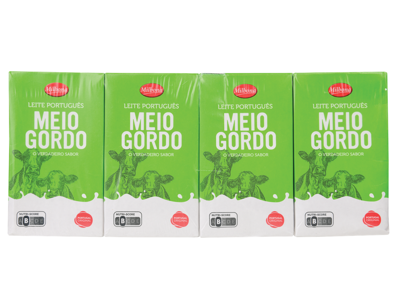 Embalagens de leite meio-gordo Milbona, com vacas e o rótulo Nutri-Score B.