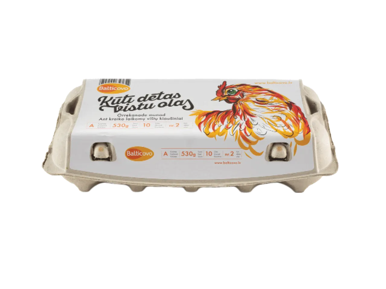 Kiaušinių pakuotė su vištos iliustracija, užrašu „Kūti dētas Vistu olas“ ir informacija apie 10 kiaušinių, 530g.