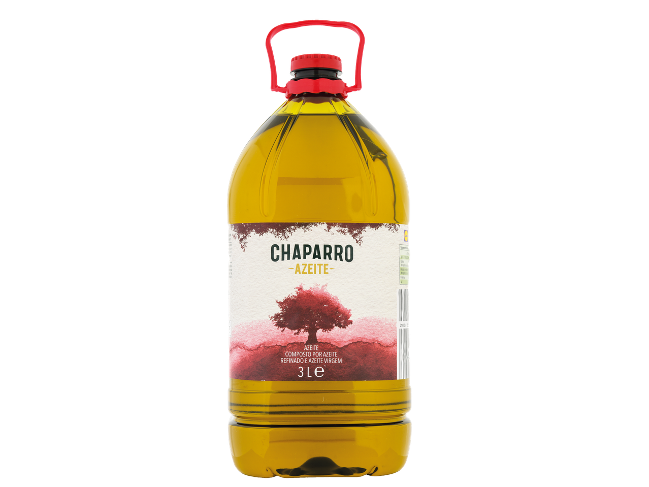 Azeite Chaparro em garrafa de 3L com alça vermelha.