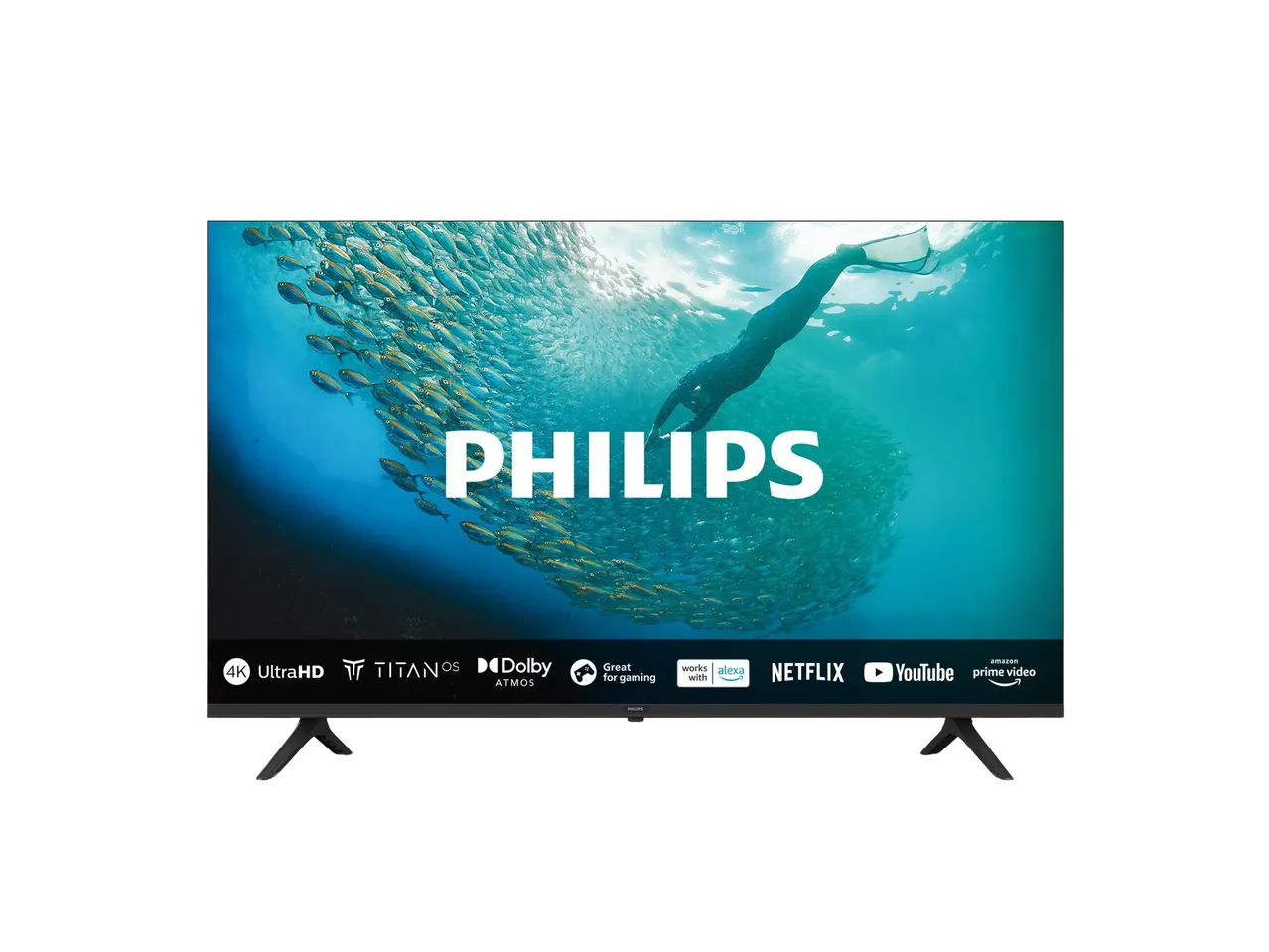 Philips 4K UltraHD TV with Dolby Atmos, TitanOS, and Alexa compatibility.