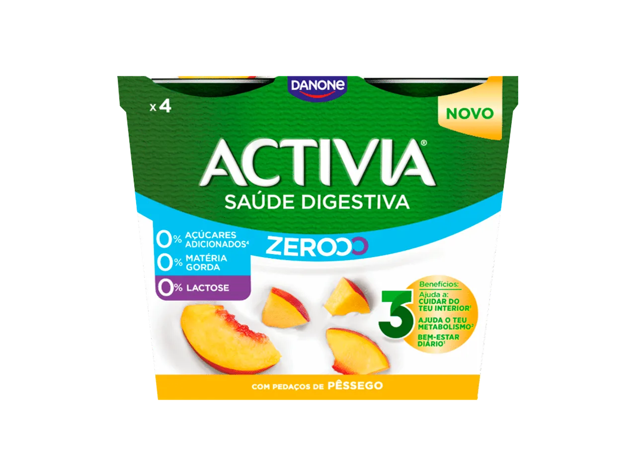 Danone Activia Saúde Digestiva iogurte de pêssego, pack de 4, com 0% açúcares adicionados, gordura e lactose.