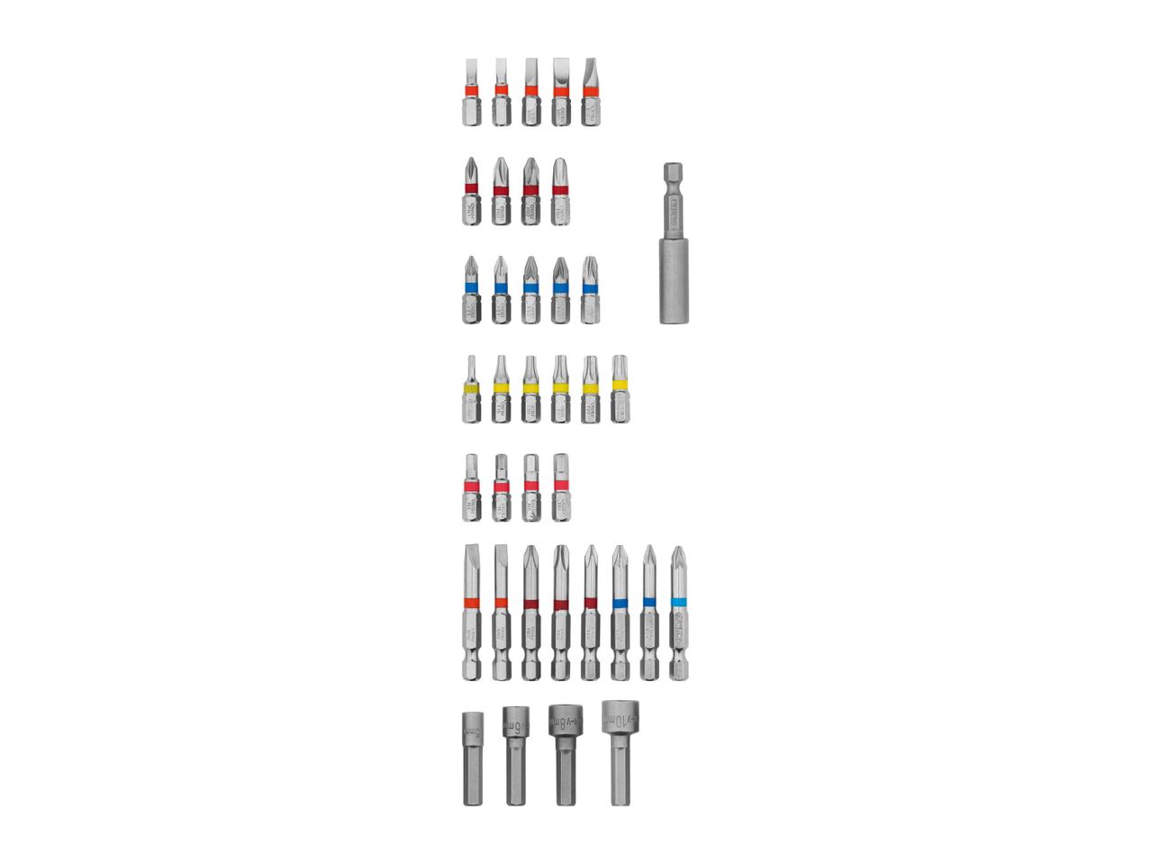 A variety of screwdriver bits and a driver handle are neatly arranged.
