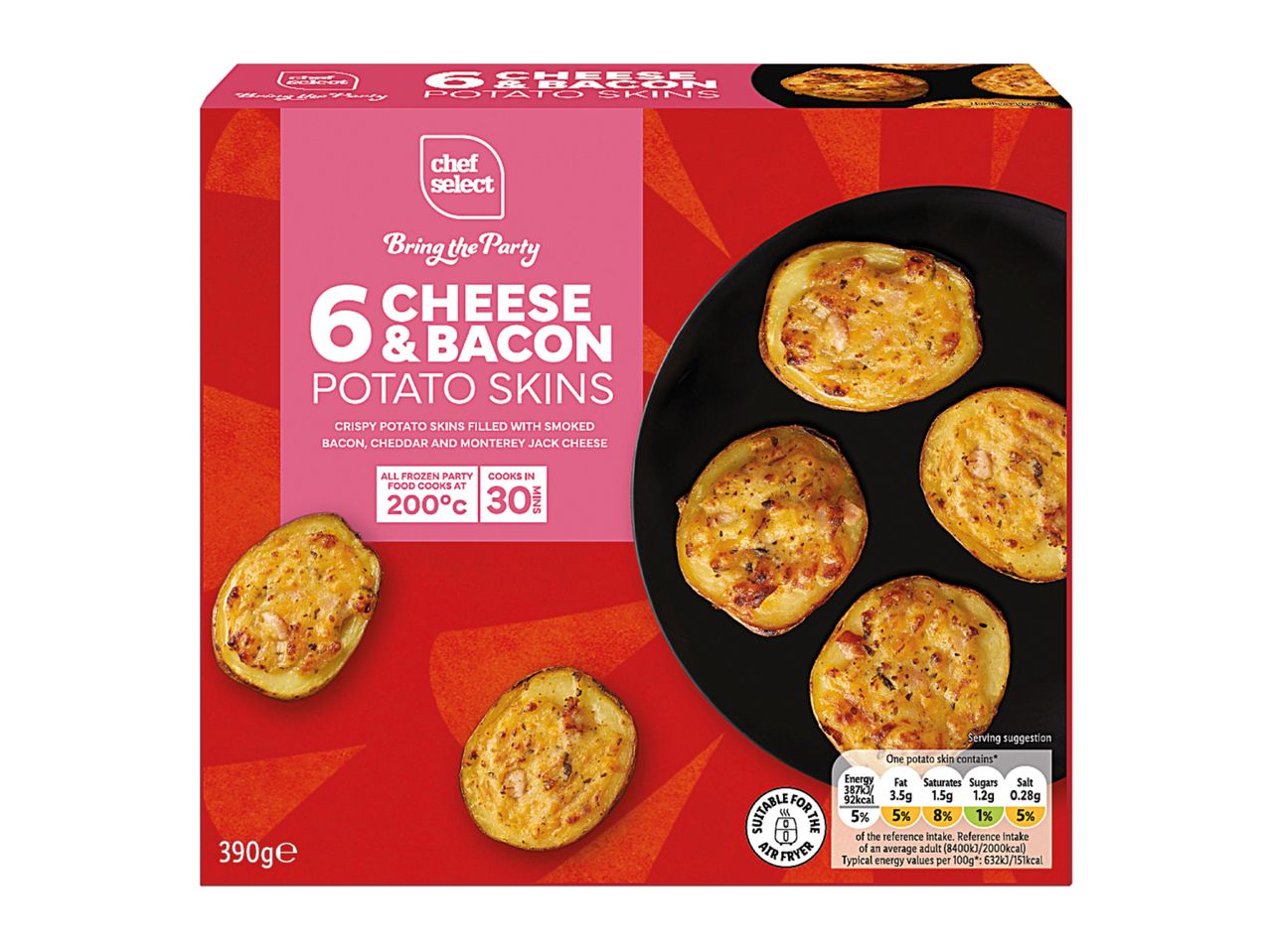 A box of 6 cheese and bacon potato skins, suitable for the air fryer.