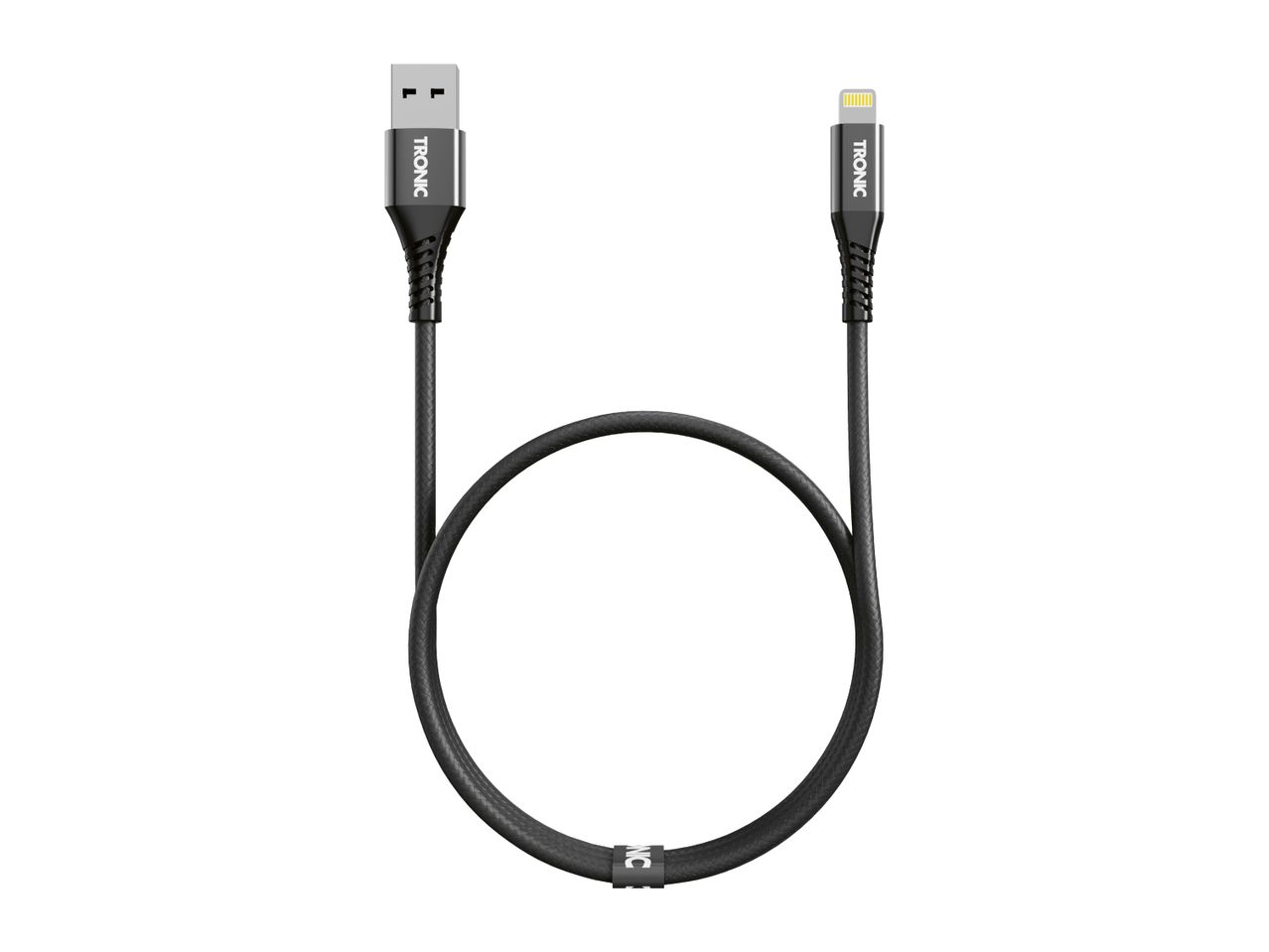 Black USB to Lightning charging cable with braided design, coiled in a U-shape.
