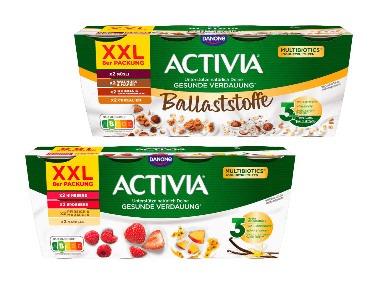 Zwei XXL Activia Joghurtbecher mit Müsli: einer mit Nuss- und Getreidemischung, der andere mit Himbeer-Pfirsich-Vanille.