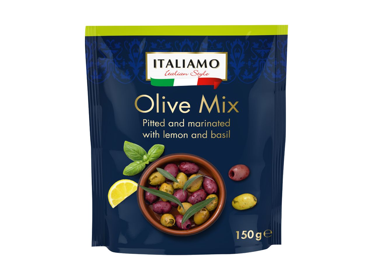 Pouch of pitted and marinated olive mix with lemon and basil, 150g.