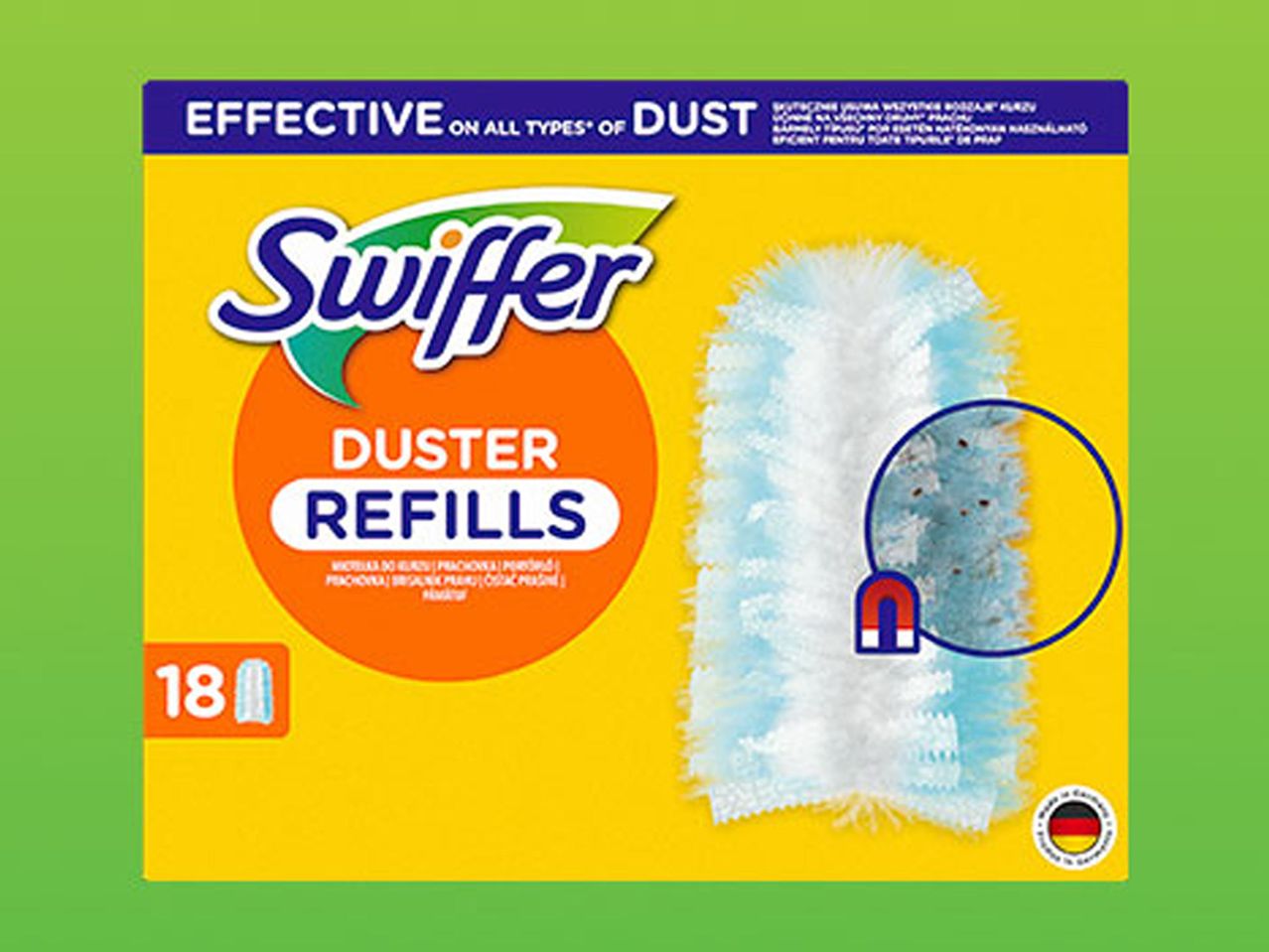 Ambalaj Swiffer Duster Refills cu 18 rezerve, evidențiind eficacitatea pe toate tipurile de praf.