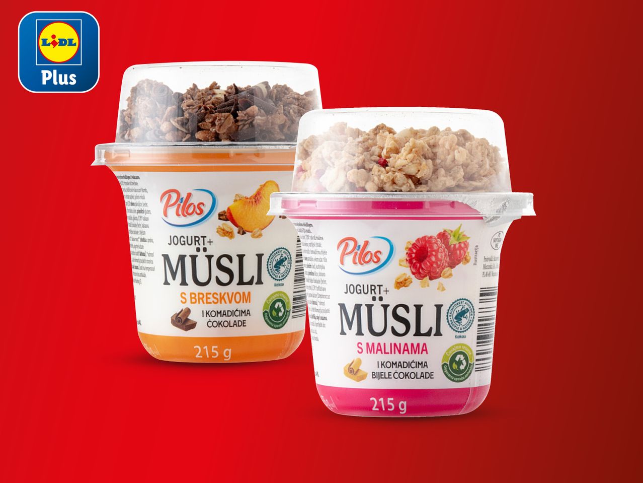 Dva Pilos jogurta s mueslijem, čokoladni i voćni, u Lidl pakiranju.