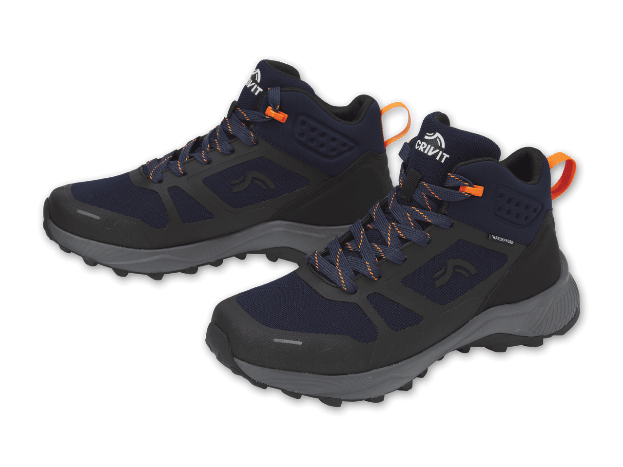 Zwei dunkelblaue Crivit Wanderschuhe mit orangefarbenen Akzenten.