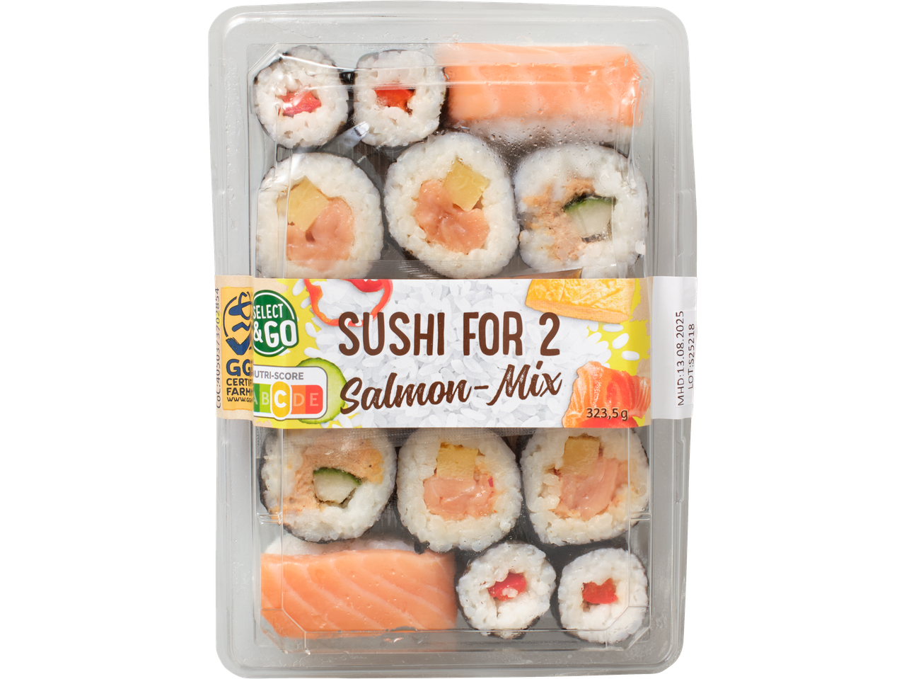 Fishnet Sushi kahele Lõhe-Mix komplekt, 323,5 g, Nutri-Score B märgistusega.