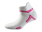 White ankle sock with pink stripes on the heel and arch.