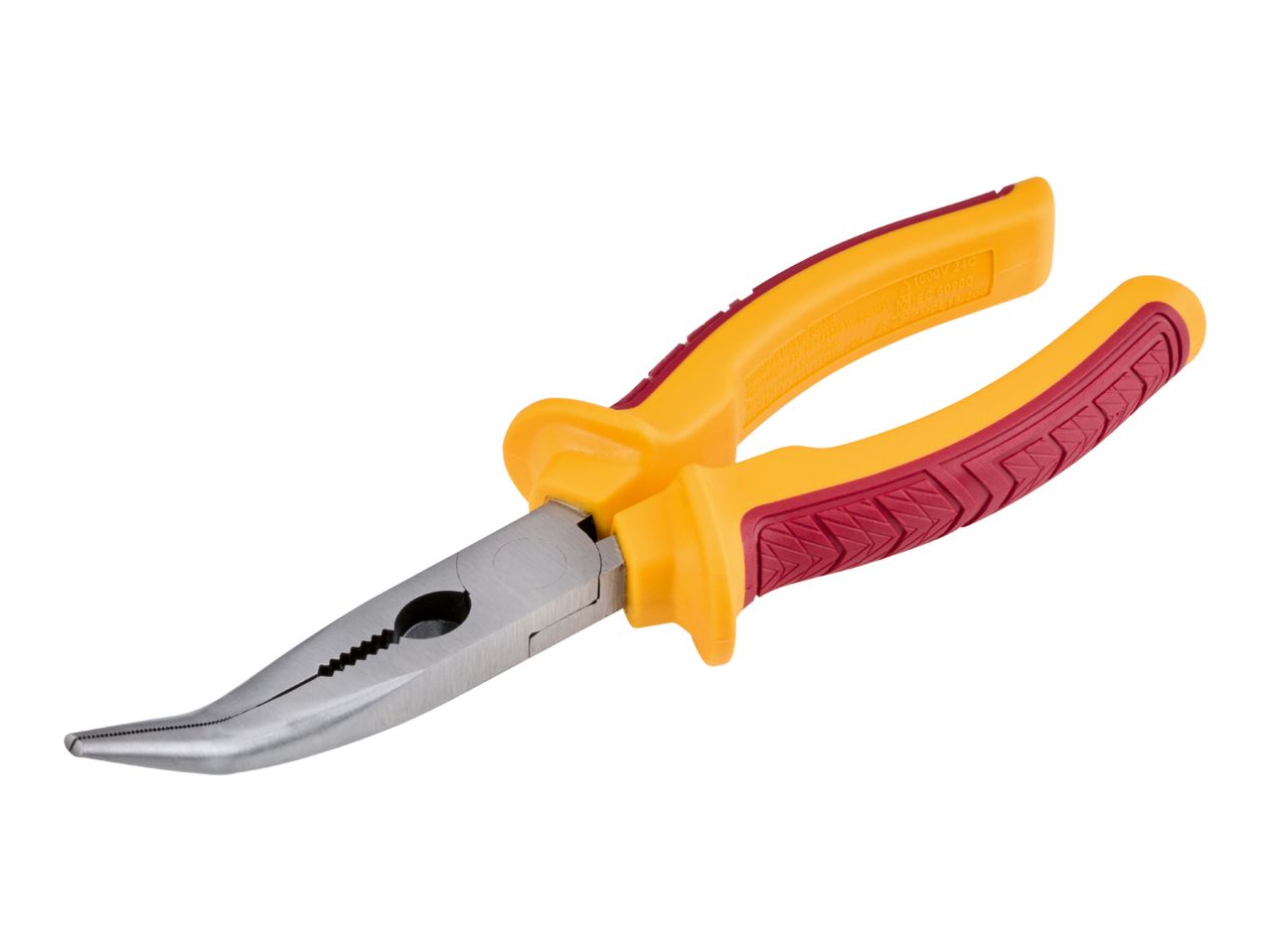 Insulated bent nose pliers with yellow and red handles, angled for electrical work.
