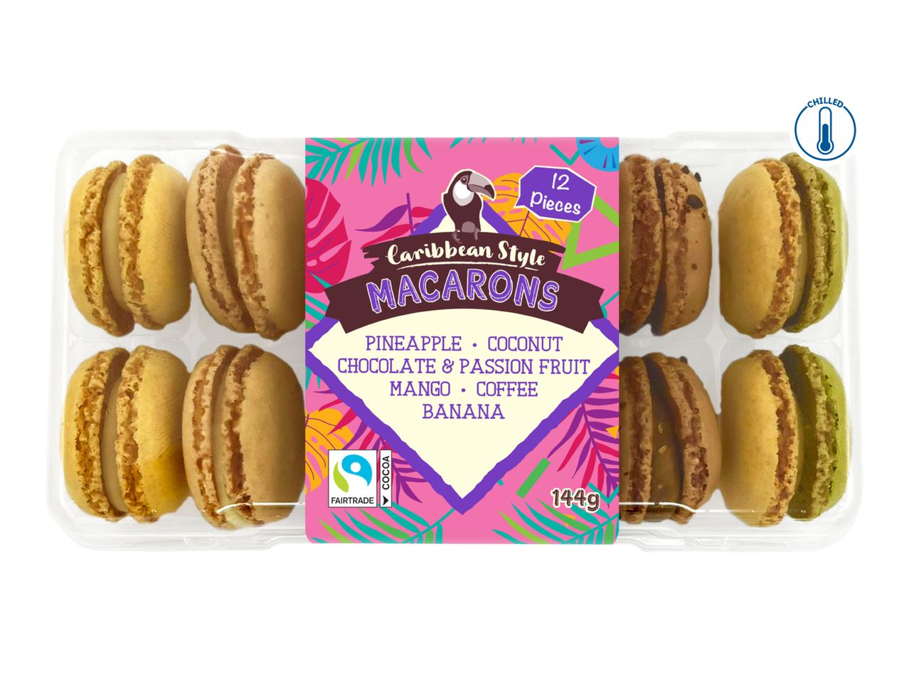 Chilled Caribbean-style macarons in pineapple, coconut, chocolate & passion fruit, mango, coffee, and banana flavors.