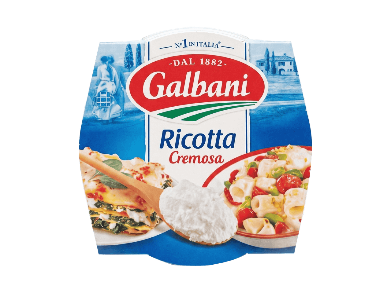 Verpackung für Ricotta Cremosa mit Bildern von Lasagne und Nudelsalat.