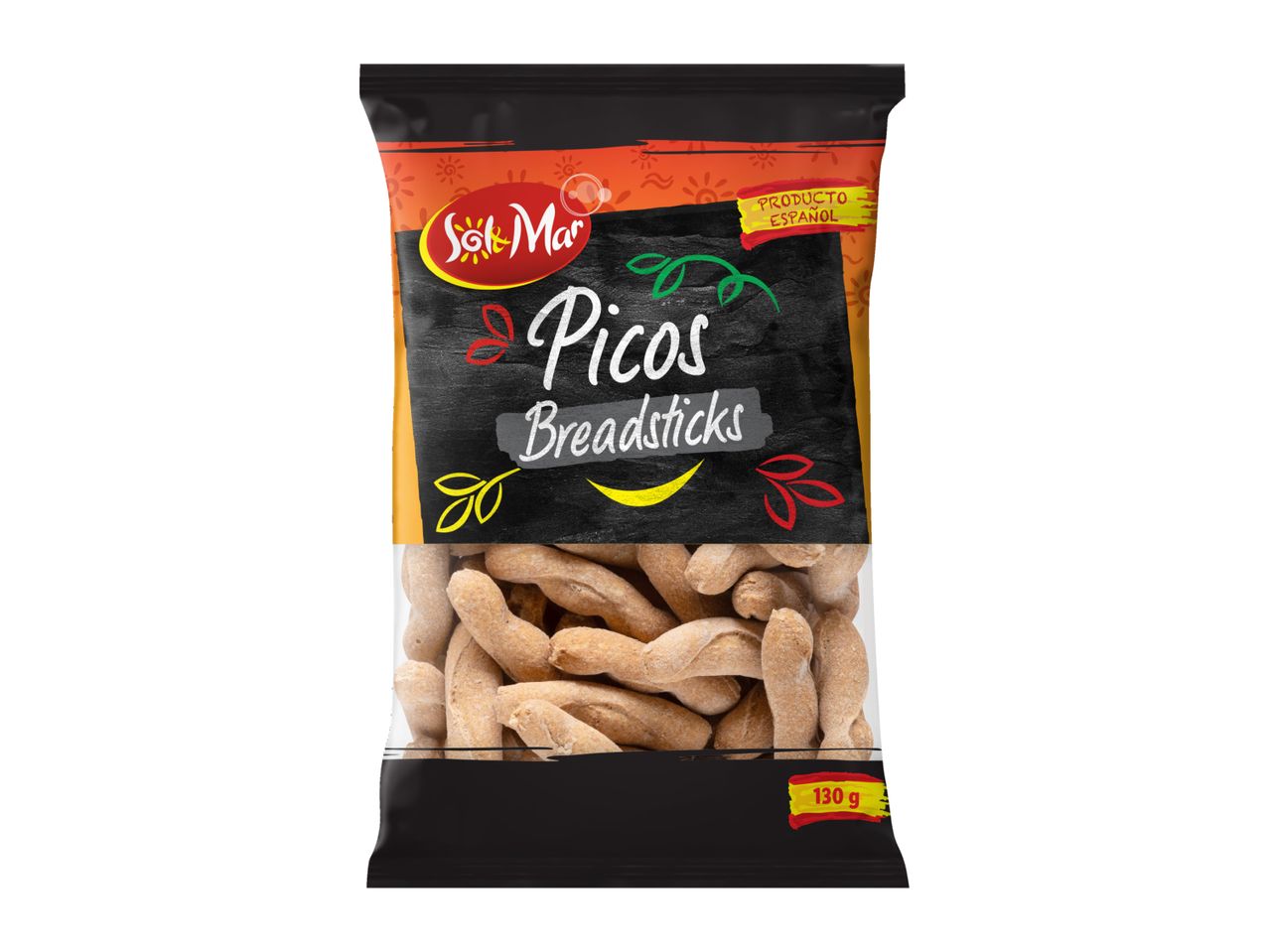 A black and orange bag of Sol & Mar Picos Breadsticks, 130g, with a clear window.
