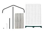 Components for a mini greenhouse, including metal frame parts, mesh, and cover.