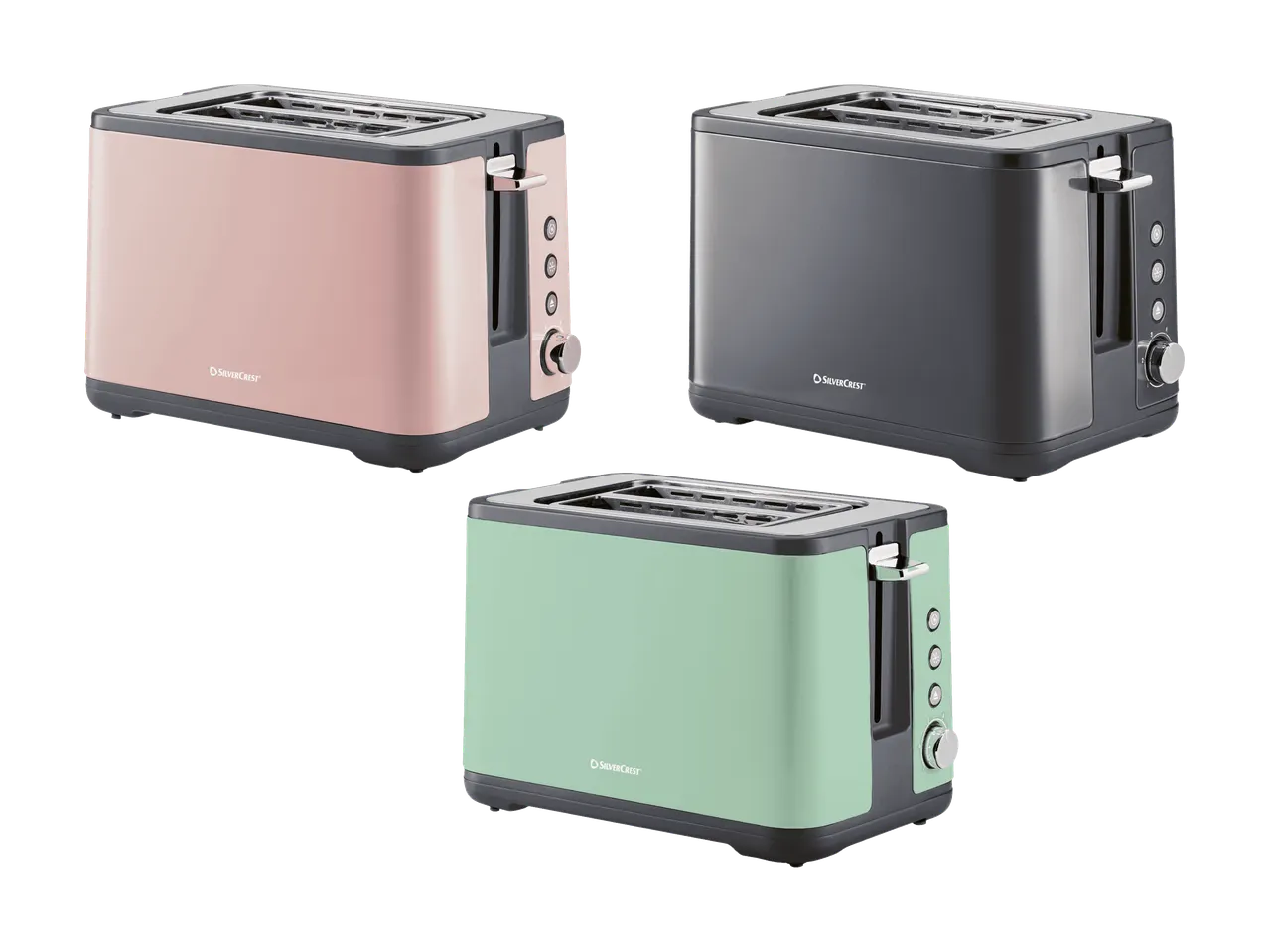 Trois grille-pain SilverCrest en rose, gris et vert menthe
