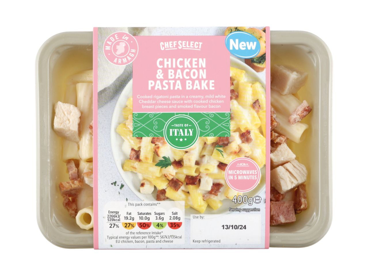 Chef Select Chicken & Bacon Pasta Bake, 400g, with 'New' and 'Made in Armagh' labels.
