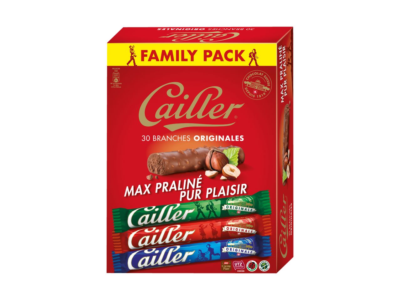 Cailler Max Praliné Familiy Pack mit 30 Schokoladenriegeln.