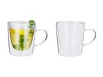 Two double-walled glass mugs, one with tea, lemon, and mint, the other empty.
