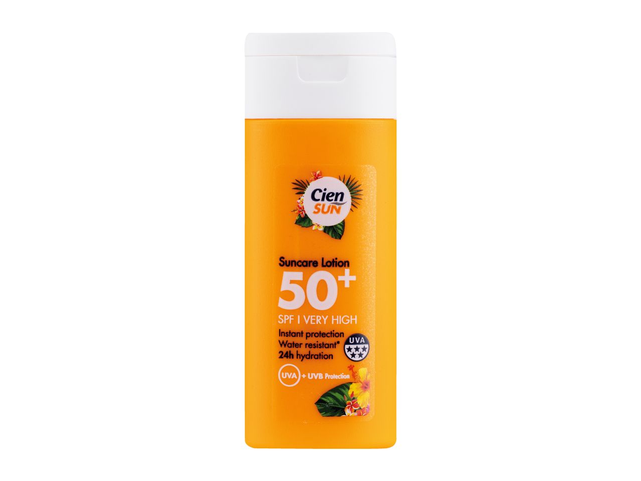 Sunscreen lotion with SPF 50+ for very high protection, water resistant, and 24h hydration.
