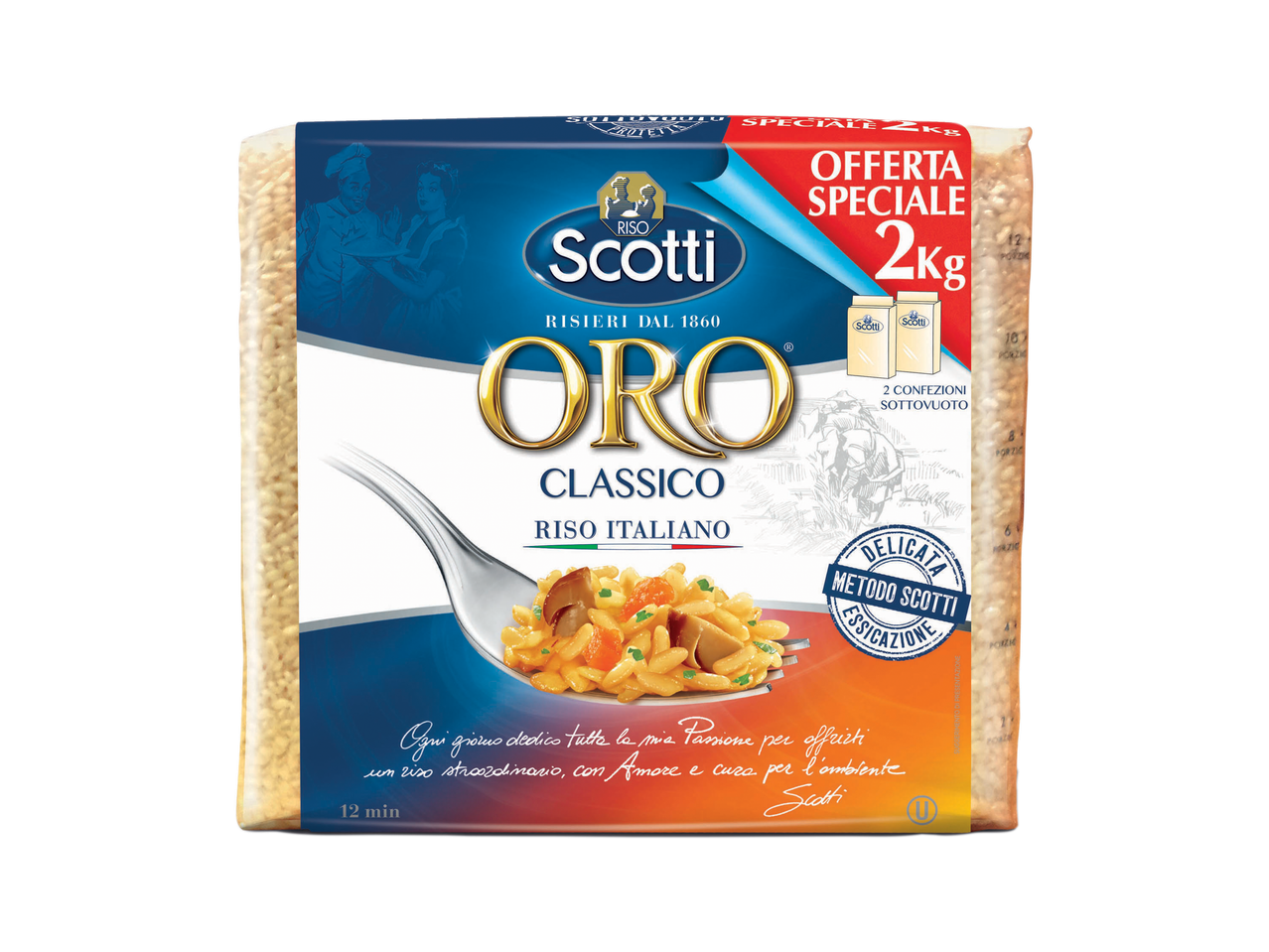 Confezione di riso Scotti Oro Classico da 2 kg con offerta speciale.