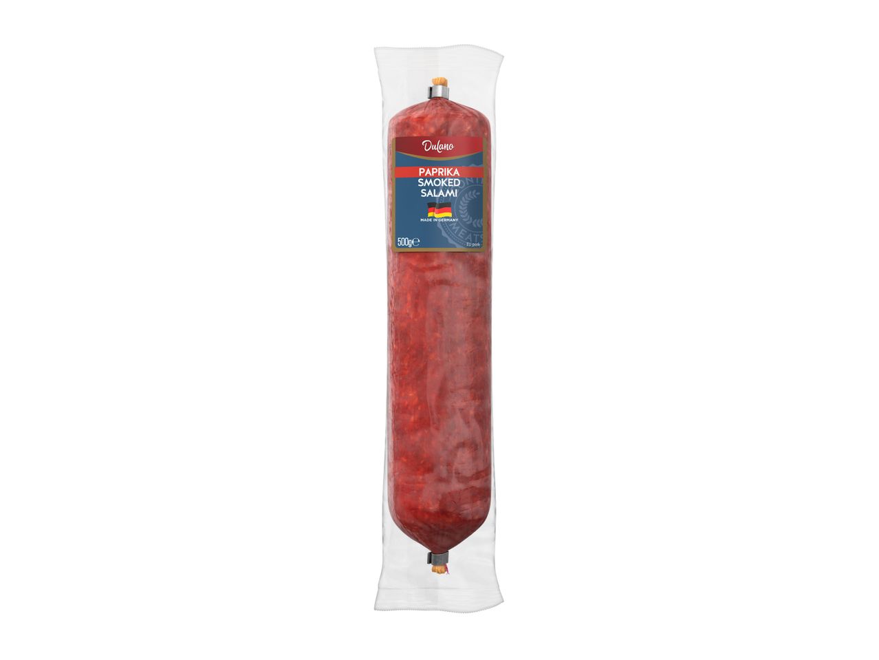 Paprika smoked salami in clear packaging, 500g, made in Germany.