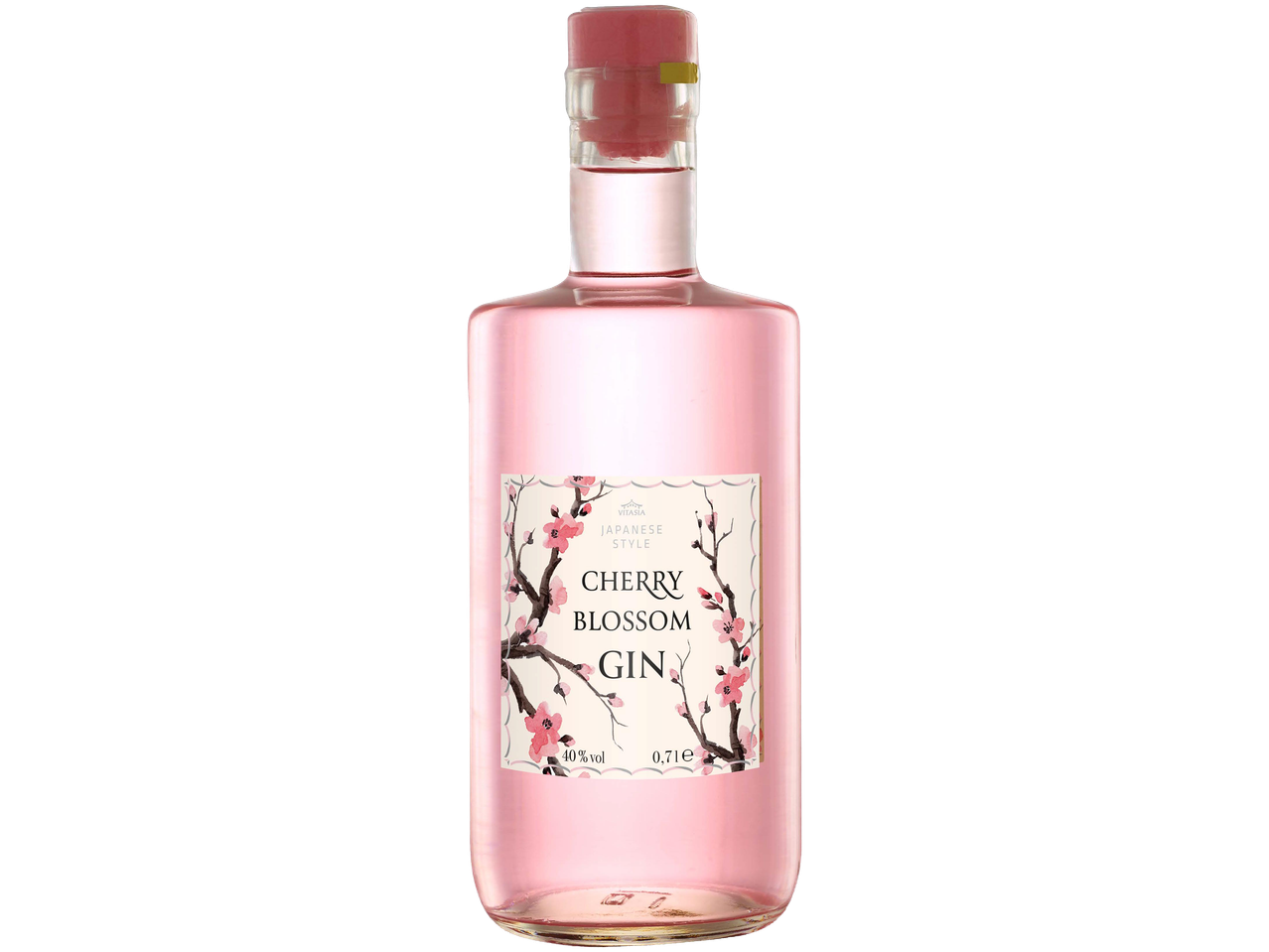 Rózsaszín cseresznyevirágos gin üveg, japán stílusú címkével, fekete háttér előtt.