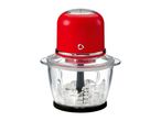 Red electric food chopper with a glass bowl filled with ice