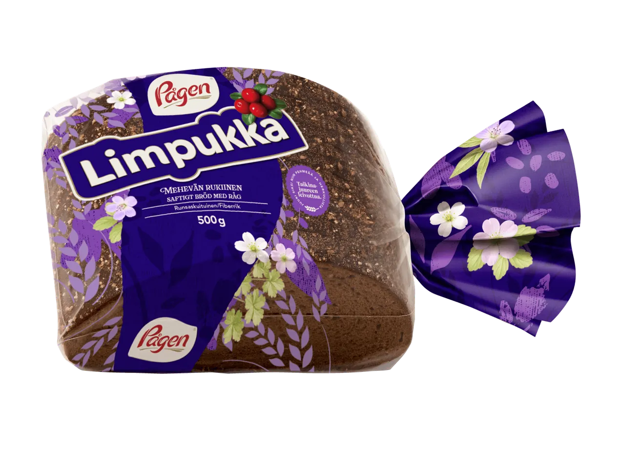 Tumma ruisleipä violetissa pakkauksessa, jossa on kukkia ja marjoja.